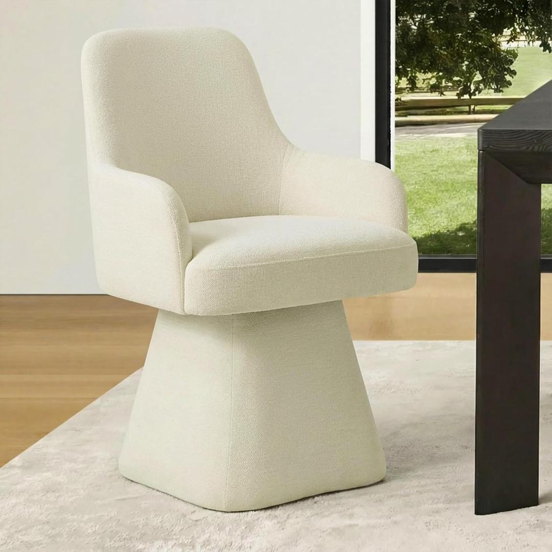 KISLOT Swivel Dining Chair Set of 1, Mid Century Modern Chair Fabric Upholstered Armchair with Armrest & Ergonomic Backrest for Dining Room, Kitchen, Bedroom, Living Room, Linen
