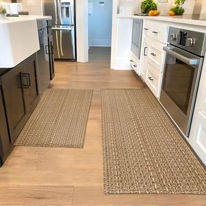 winolive Kitchen Rugs,Kitchen Mats for Floor,Non Slip Washable 20"x 30"+20"x 48" Neutral Braided Rug,Faux Jute Rug with Non Slip Backing for Kitchen,Solid,Easy Clean,Area Rugs Sets of 2Pcs,Tan Brown