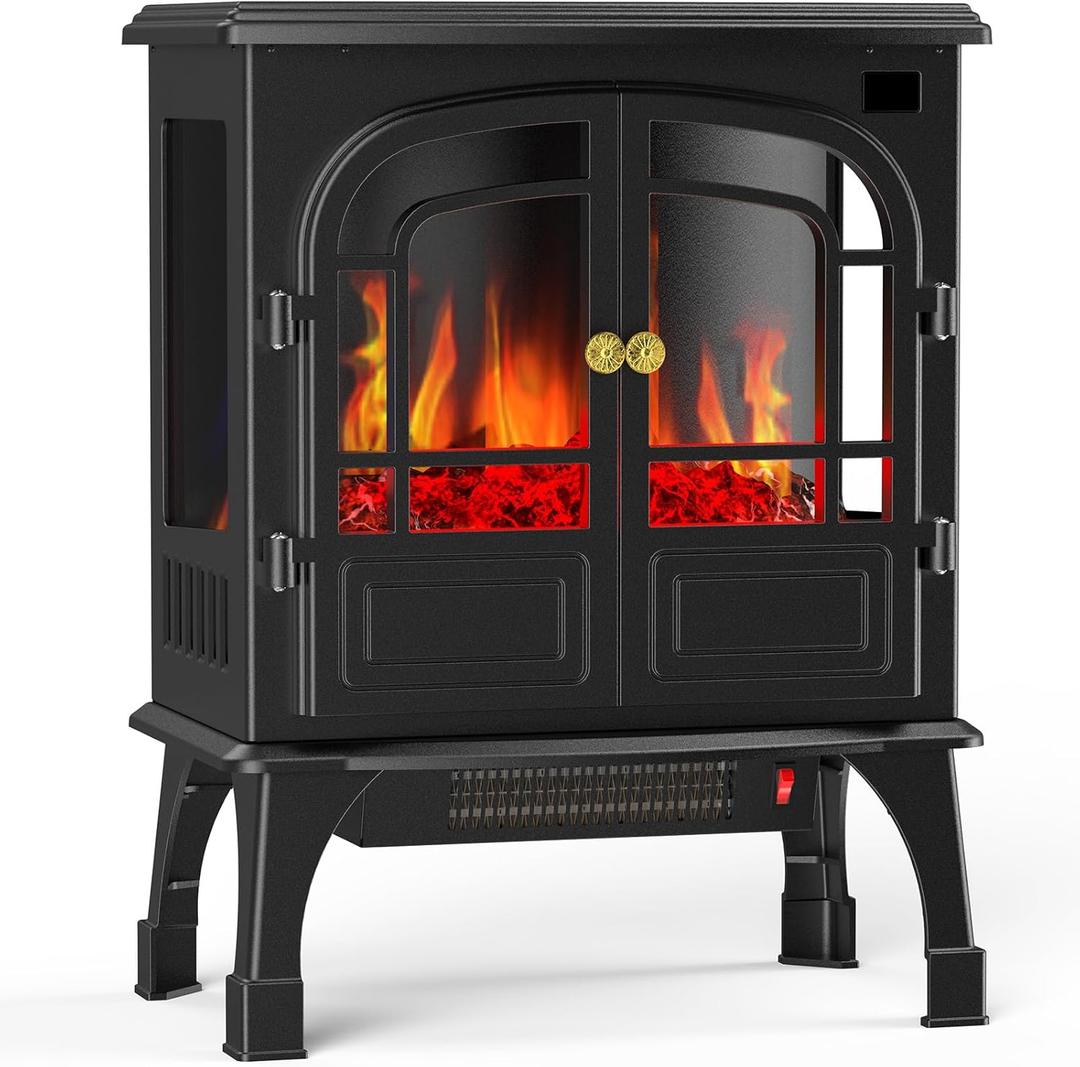 Sweetcrispy Freestanding Electric Fireplace Heater, 26Two Door Fireplace with 3D Flame Effect, Overheating Safe Design, Energy Saving Space Heater with 12H Timer&Remote for Living Room, Bedroom,Black
