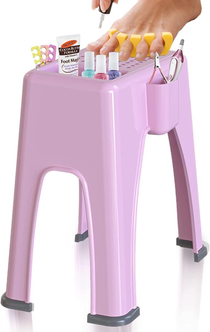 Skywin Extra Tall Shower Foot Rest with 3 Pockets to Hold Shaving Essentials 10 x 7.8 x 13 Inches - Extra Heighted Plastic Pedicure Foot Rest - Shower Stool for Shaving Legs (Pink)