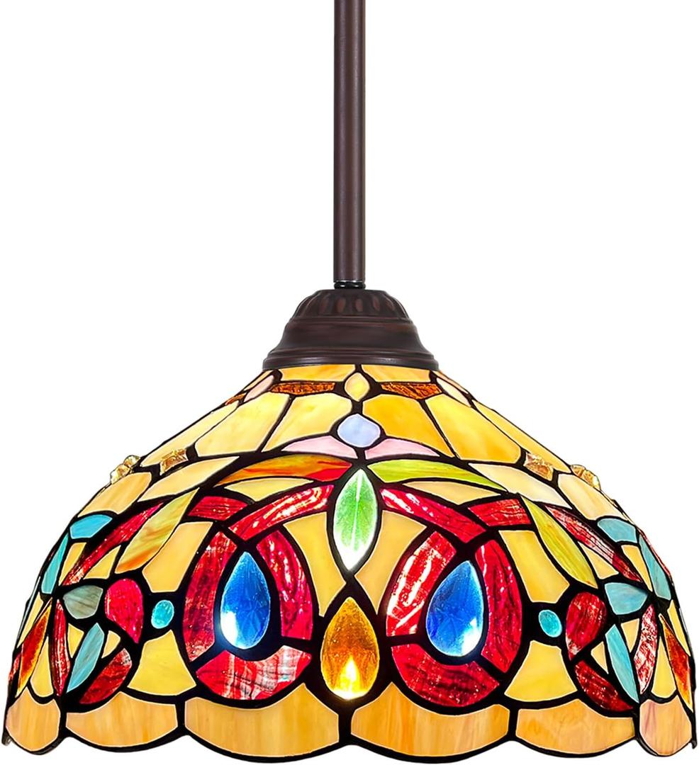 Capulina Tiffany Pendant Light 12 Inches Wide Cream Brown Victorian Style Stained Glass Hanging Lamp for Kitchen Island Living Dining Room Hallway Home Office