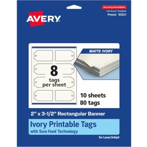 Avery Printable Rectangle Banner Tags, Sure Feed Technology, 2" x 3-1/2", Matte Ivory Cardstock, Print-To-The-Edge, Laser/Inkjet Printable, 80 Total, Great for Custom Gift or Branding Tags