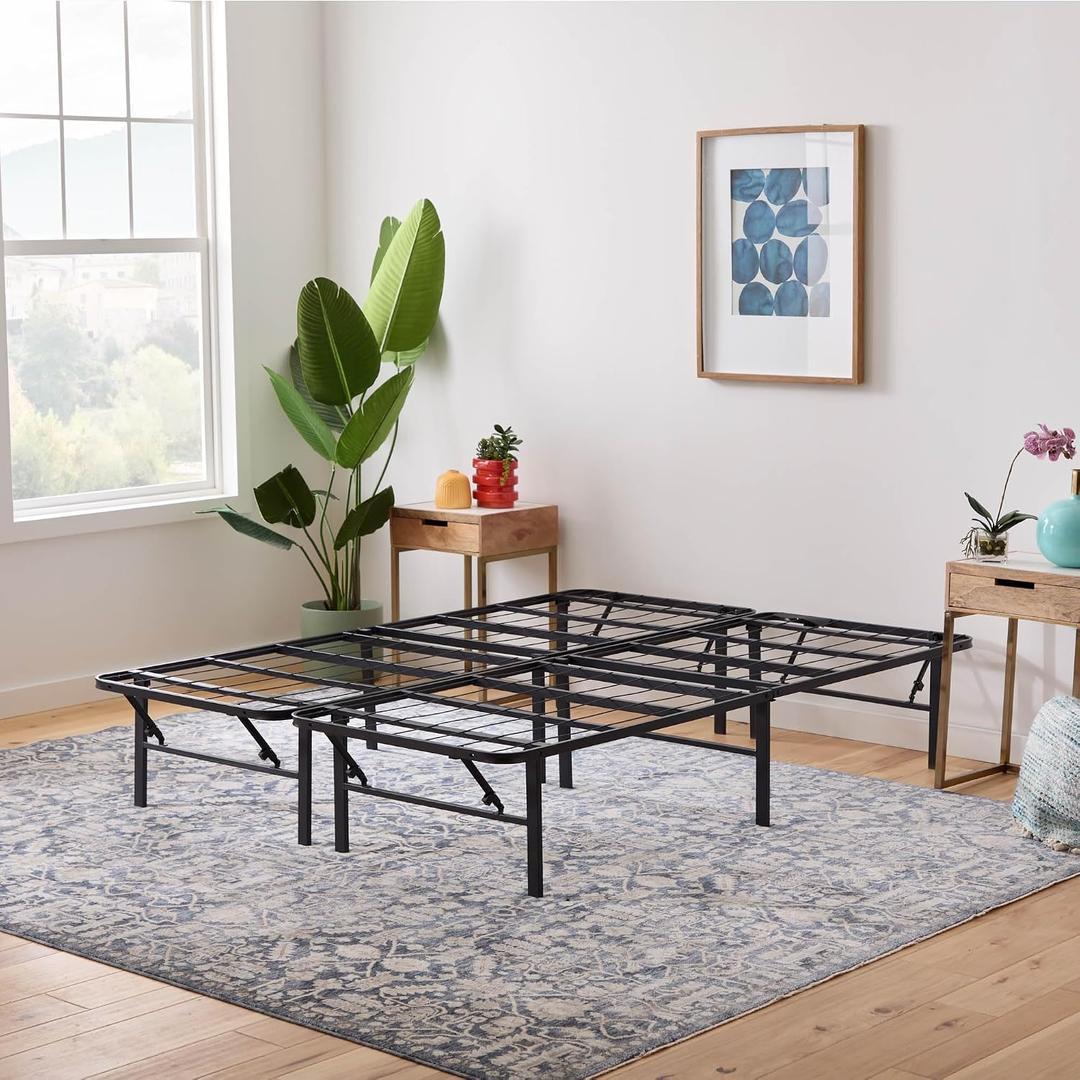 Linenspa Folding Metal Platform Bed Frame - No Box Spring Needed - Underbed Storage - Simple Toolless Assembly - Mattress Foundation - 14" High - Traditional Design - Sturdy Steel - Queen Size
