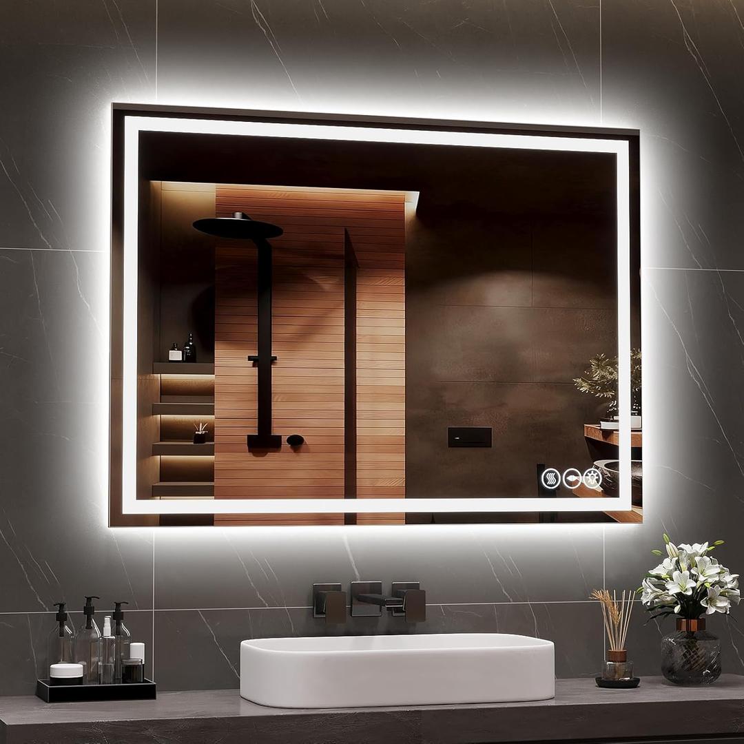 LED Bathroom Mirror 28x36 Inch Anti-Fog Bathroom Mirror with Lights, Wall Mounted Lighted Vanity Mirrors, Dimmable, Backlit + Front Lit, Smart Bathroom Vanity Mirror with 3 Colors Temperature