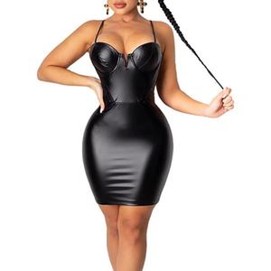 Womens Sexy Black Leather Bodycon Cocktail Party Dress Strappy Skinny Wetlook Mini Night Club Dress, Black, Size S
