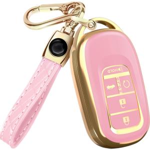 Lucrum Compatible with Honda Key Fob Cover & Leather Keychain - TPU Keyfob Case for Accord Civic CR-V HR-V Pilot Ridgeline, For 5 Button Remote (2022-2026) - Pink and Gold