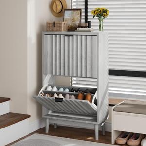 Shoe Storage Cabinet with 2 Flip Drawers, Gray Fluted Narrow for Entryway, Slim Shoe Rack Cabinet Organizer 23.5in (Width - 23.6 inches, Grey)