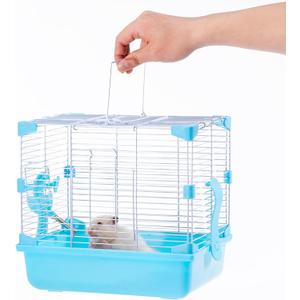 11" Travel Hamster Carrier, Small Animal Cage, Portable Outing Carrier, Temporary Cage, Short Trip, Picnic, with Food Bowl, Water Bottle, Dwarf Syrian Hamster, Gerbil, Blue
