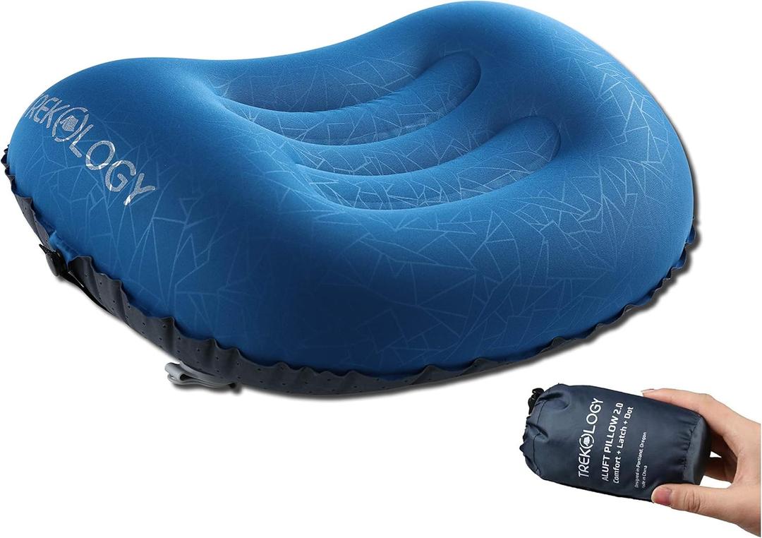TREKOLOGY Ultralight Inflatable Camping Travel Pillow - ALUFT 2.0 Compressible, Compact, Comfortable, Ergonomic Inflating Pillows for Neck & Lumbar Support While Camp, Hiking, Backpacking (Navy Blue)