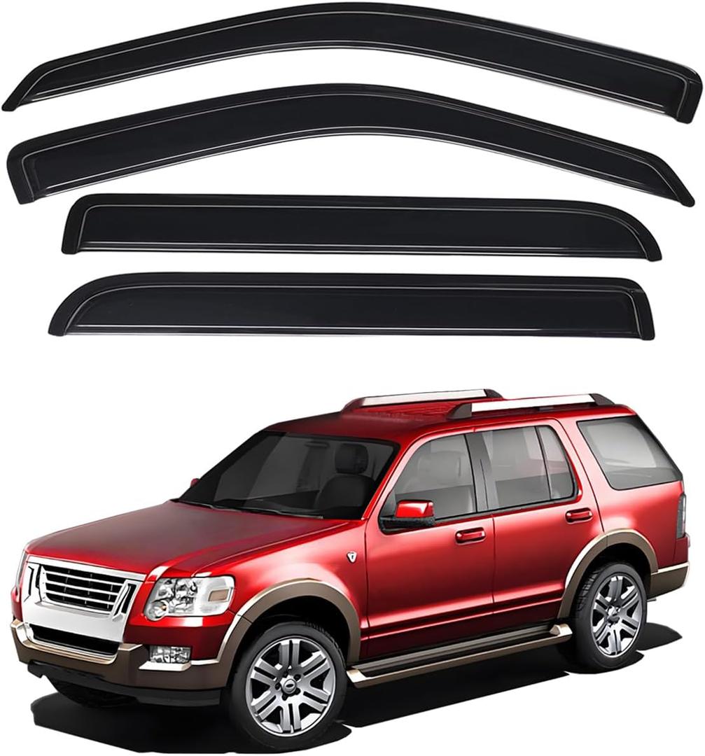 Lightronic Extra Durable Outside Mount Auto Vent Window Visor, Fits 2002-2010 Ford Explorer (4-Door) & Mercury Mountaineer, UV Protection Rain Guard, Original Wind Deflector, Dark Smoke, 4-Pcs