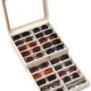 Sunglasses Organizer Storage Box - 20 Slots Eyeglass Display Case for Multiple Pair Glasses, 2-Layer Holder with Clear Glass Lid, Jewelry and Watch Collection Box for Women and Men, White