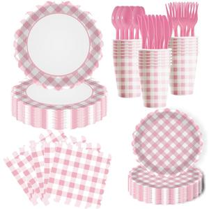 175-Piece pink Gingham Party Supplies Set | Disposable Plates, Napkins, Cups, Cutlery for 25 Guests |Stylish Wedding Birthday Party Decorations (pink)