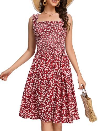CVCPP Floral Print Sundress for Women Square Neck Sleeveless Smocked Flowy Mini Short Boho Summer Dresses.L