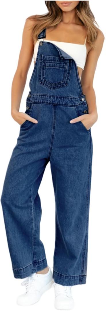 imesrun Womens Jean Bib Overalls Adjustable Casual One Piece Jumpsuits Revolt Juniors Stretch Wide Leg Loose Denim Pants (Medium, Navy)
