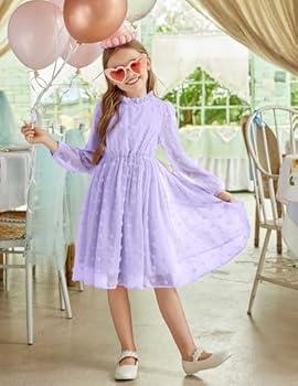 PATPAT Girls Casual Ruffle Sleeves Dresses A-line Elegant Midi Party Dress 12/13 Years