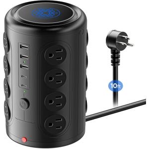 Surge Protector Power Strip 10 FT Cord, TenTrend Vertical Power Tower with 16 Outlets and 5 USB Ports (2 USB-C), 1875W 2000J Charging Station for Home Office Desk, Dorm Room Essentials, Black