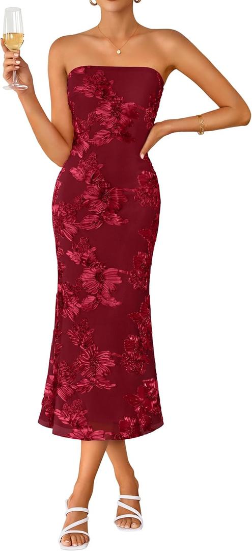 ZESICA Women's Summer Strapless Floral Midi Dress 2026 Bodycon Mesh Tube Wedding Guest Cocktail Party Formal Dresses (Large, Red)