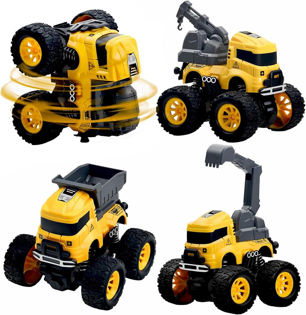 Construction Truck Toys - 4 Pack Excavator, Mixer, Crane, Dump Trucks Push and Go Friction Powered Cars Monster Trucks Vehicles Playset Kids Birthday Party Favors Gifts for 3+ Year Old Boys Girls