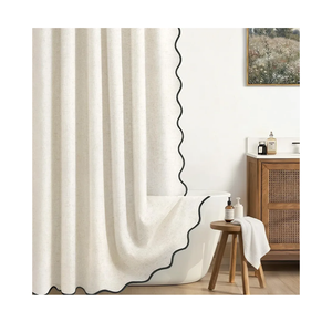 Linen Shower Curtain Flax White Cute Black Scalloped Boho Modern Shower Curtains for Bathroom Set, 72" W x 72" L