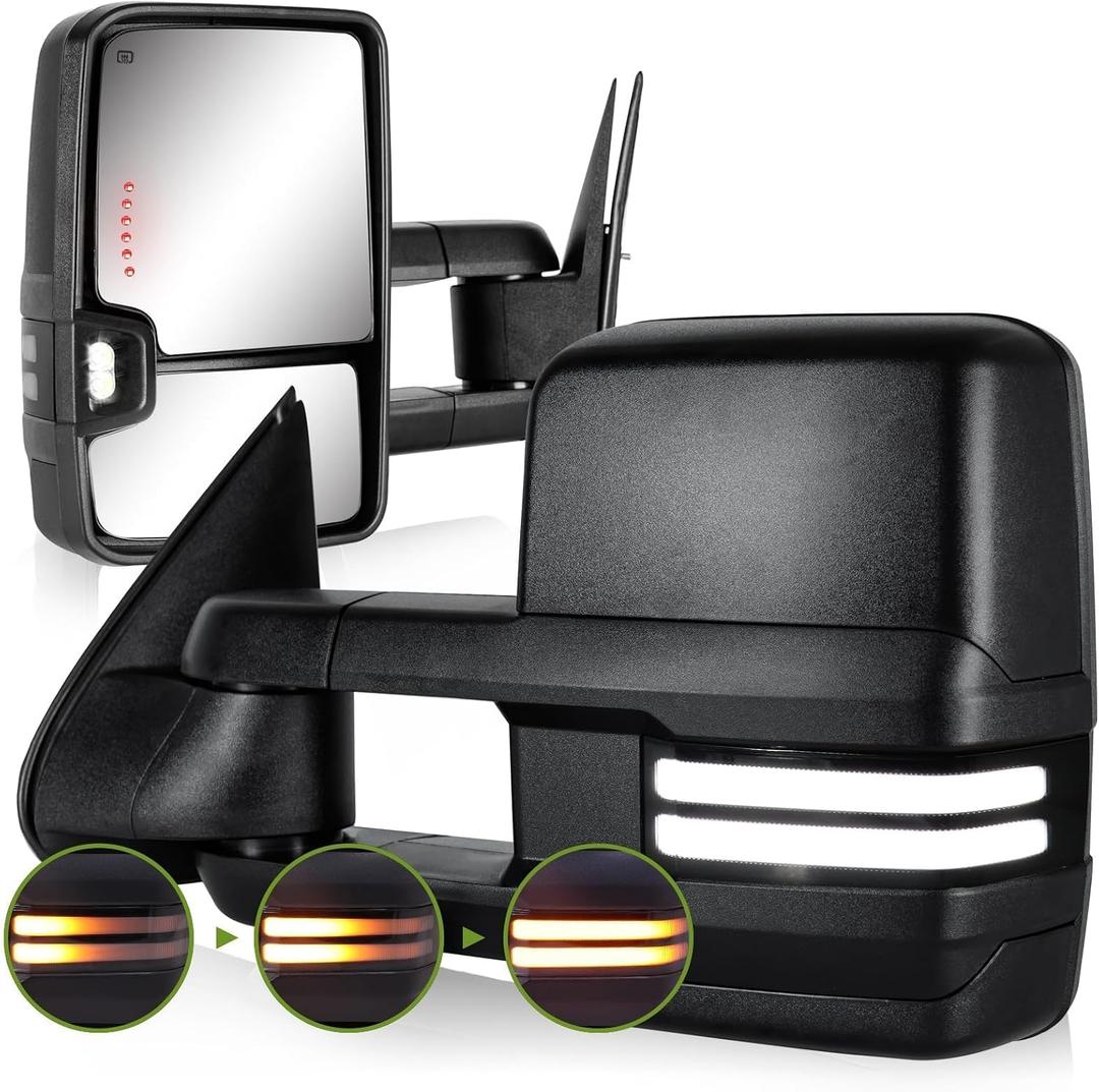 Switchback Tow Mirrors for 2003-2007 Chevy Silverado/GMC Sierra | Dynamic Turn Signal & Running & Backup Light, Power Heated, Manual Extend, Fits Avalanche Suburban Tahoe Yukon, Pair