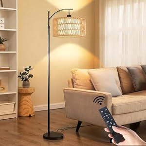 QIYIZM Floor Lamp for Living Room Bedroom with Remote Boho Rattan Arc Standing Lamp Dimmable Black Farmhouse Wicker Bamboo Lamp Shade Floor Light Adjustable Tall Lamp Industrial Floor Lamps Bohemian