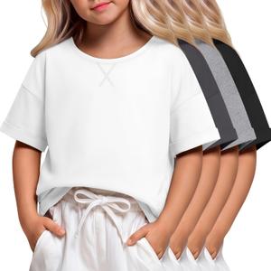 Oakgarden 4 Pack Girls Short Sleeve T Shirts Kids Crew Neck Casual Loose Tops Rolled Cuff Cute Basic Summer Tees 5-14 Years