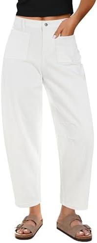 GRAPENT Barrel Jeans for Women Trendy Cropped High Waisted Patch Pocket Baggy Stretch Denim Pants Casual Wide Leg Jeans (Size M, White)