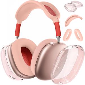for AirPods Max case Cover,Anti-Scratch Ear Pad Case Cover/Ear Cups Cover/Headband Cover for AirPods Max. Clear Soft TPU and Silicone,Skin Scratch Proof. (3 in 1 Silicone & TPU, 3PC-Glitter Pink)