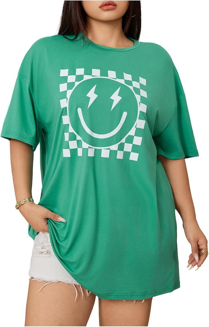 SOLY HUX Women's Plus Size Graphic Tees Crew Neck Short Sleeve T-Shirts Checkered Loose Tee Tops (Green, XL)