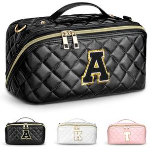 TOPEAST Initial Makeup Bag for Women, Travel Cosmetic Bag Cute Makeup Pouch, Lay Flat Black Make Up Bag, Girls Toiletry Bag with Handle, Personalized Birthday Gifts for Women, A
