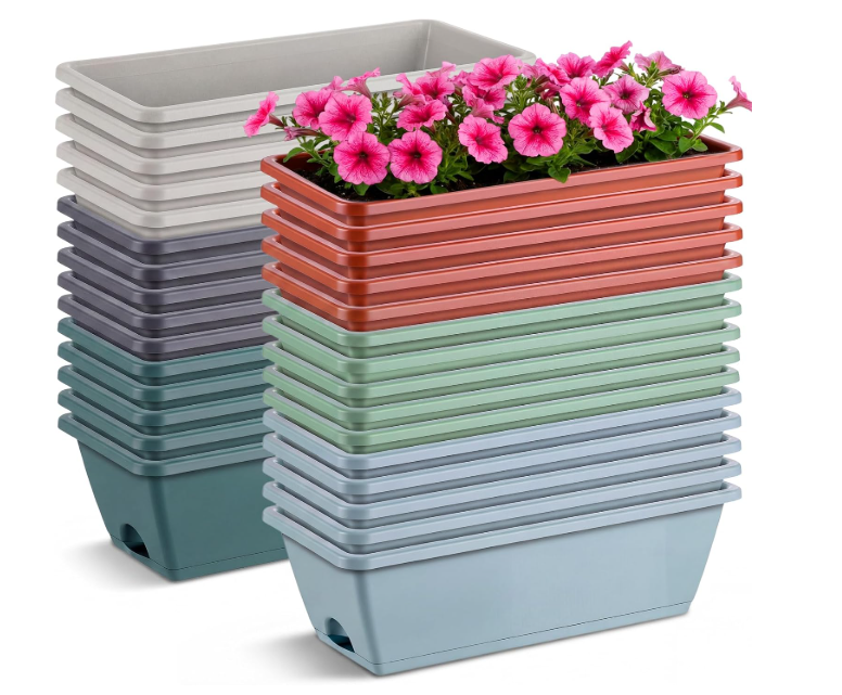 30 Pack Window Box Planter 17'' Rectangular Vegetable Flower Planters with Drainage Holes and Saucers Plastic Flower Pots Herb Planter for Indoor Outdoor Patio Garden Home Decor (Multicolor)