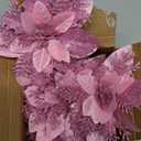 GREENTIME 12 Pcs Pink Glitter Poinsettia 5.5" Artificial Flowers Christmas with Clips Stems Xmas Tree Ornaments for New Year Stairs Fireplace Porch Balcony Garden Church Wreath Decoration (Pink)