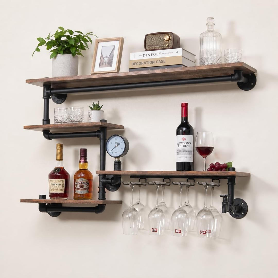 Bar Liquor Shelves, Industrial Pipe Shelving Wine Rack Wall Mounted with 4 Stem Glass Holder, Rustic Floating Pipe Shelf