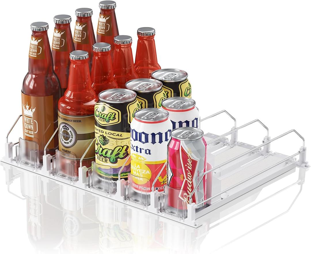 Drink Organizer for Mini Fridge (Fits Depth  12.2"), 12oz 16oz 20oz Soda Can Dispenser, Width Adjustable Automatic Pusher Glide, 12.2" D 5ROW Holds 20 Cans, White