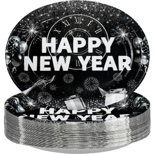 50Pcs Happy New Year 2026 Oval Paper Plates 10" x 12" Large Disposable Heavy Duty New Year's Eve Party Plates Black Silver New Years Dessert Platters for 2026 New Years Eve Holiday Party Decorations