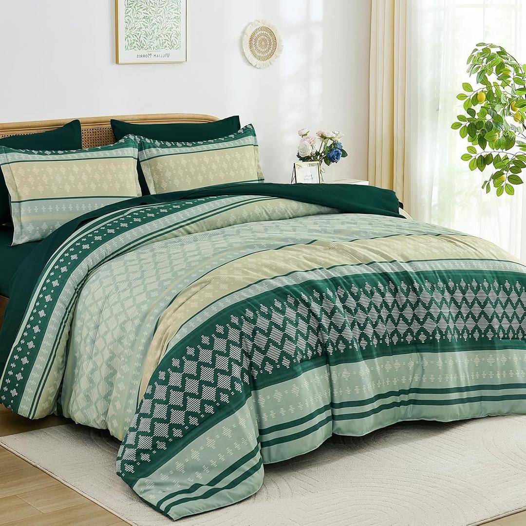 Drucon Boho Queen Comforter Set - 7 Pieces Green Bohemian Striped Comforter Bed in a Bag, Soft Microfiber Bedding Set for All Season