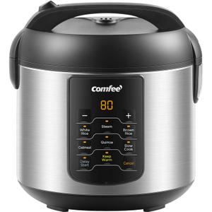 COMFEE' Compact Rice Cooker, 6-in-1 Stainless Steel Multi Cooker, Slow Cooker, Steamer, Saute, and Warmer, 2 QT, 8 Cups Cooked(4 Cups Uncooked), Brown Rice, Quinoa and Oatmeal, 6 One-Touch Programs