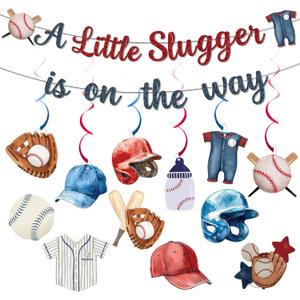 Baseball Baby Shower Decorations, A Little Slugger Is On The Way Banner Hanging Swirls Stickers, Baseball Garland Banner for Baby Boy Sport Fan Wall Ceiling Decor