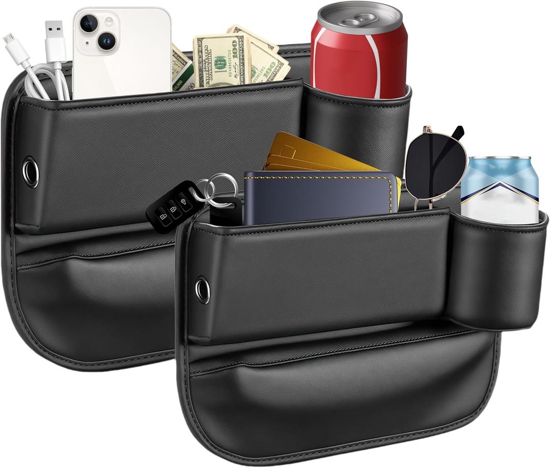 2026 Upgraded 2 PC (L+R) Premium Leather Car Seat Gap Filler Organizer with Cup Holder & Storage Slot/Bag Fits Front Seat, Holds Phone, Glasses, Cards,Keys,Car/SUV/Truck Christmas Gifts