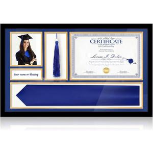 Briwooody 16x26 Diploma Frames with Tassel Holder and Stole Holder for 8.5x11 Diploma and 4x6 Photo, Wood Display Case for Certificate, 2026 Graduation Degree Frames Keepsake(Black,Blue Base)