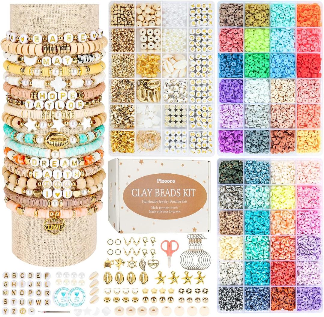 Pizooro Clay Beads 3 Boxes Bracelet Making Kit, 10500pcs Beads for Jewelry Making, Round Letter Beads with Charm and Elastic Strings, Friendship Bracelets Holiday Gifts for Girls Adults (Gold)