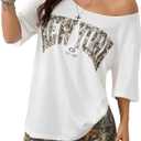 SOLY HUX Women's Letter Graphic Asymmetrical Neck T Shirt Half Sleeve Oversized Y2k Tops White Letter Medium