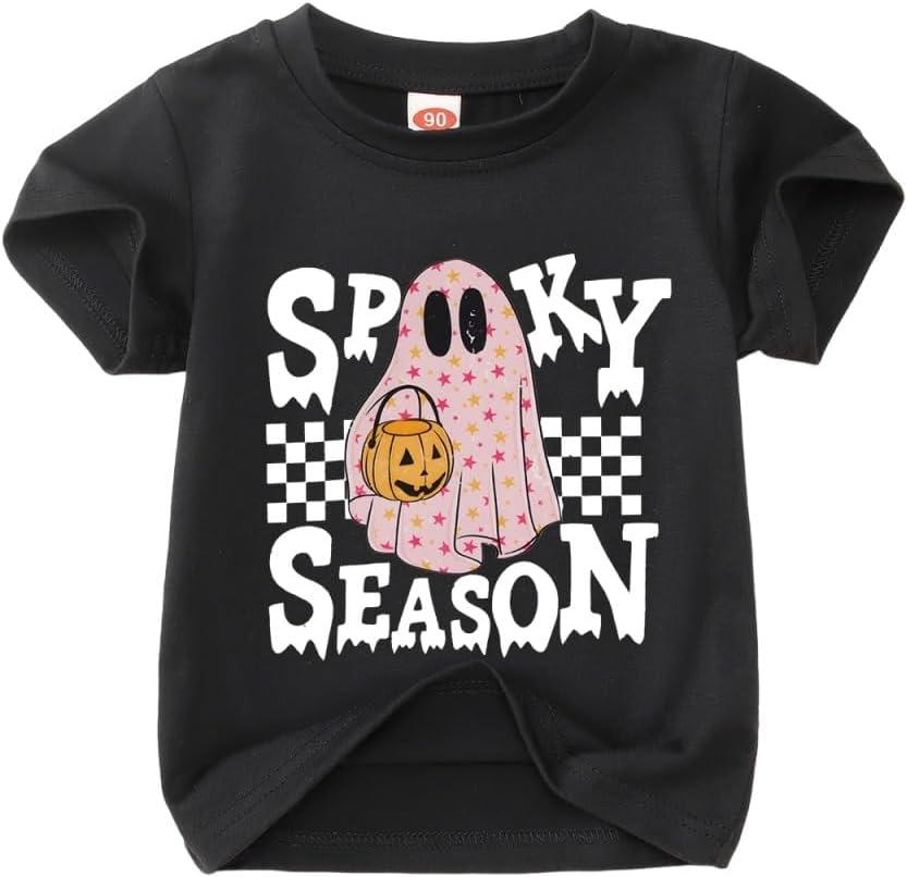 MODNTOGA Halloween Shirt Toddler Ghost Graphic T-Shirt Baby Boy Girl Spooky Season Print Tee Tops Short Sleeve Fall Outfit (Black, 3-4 Years) (Black, XS)