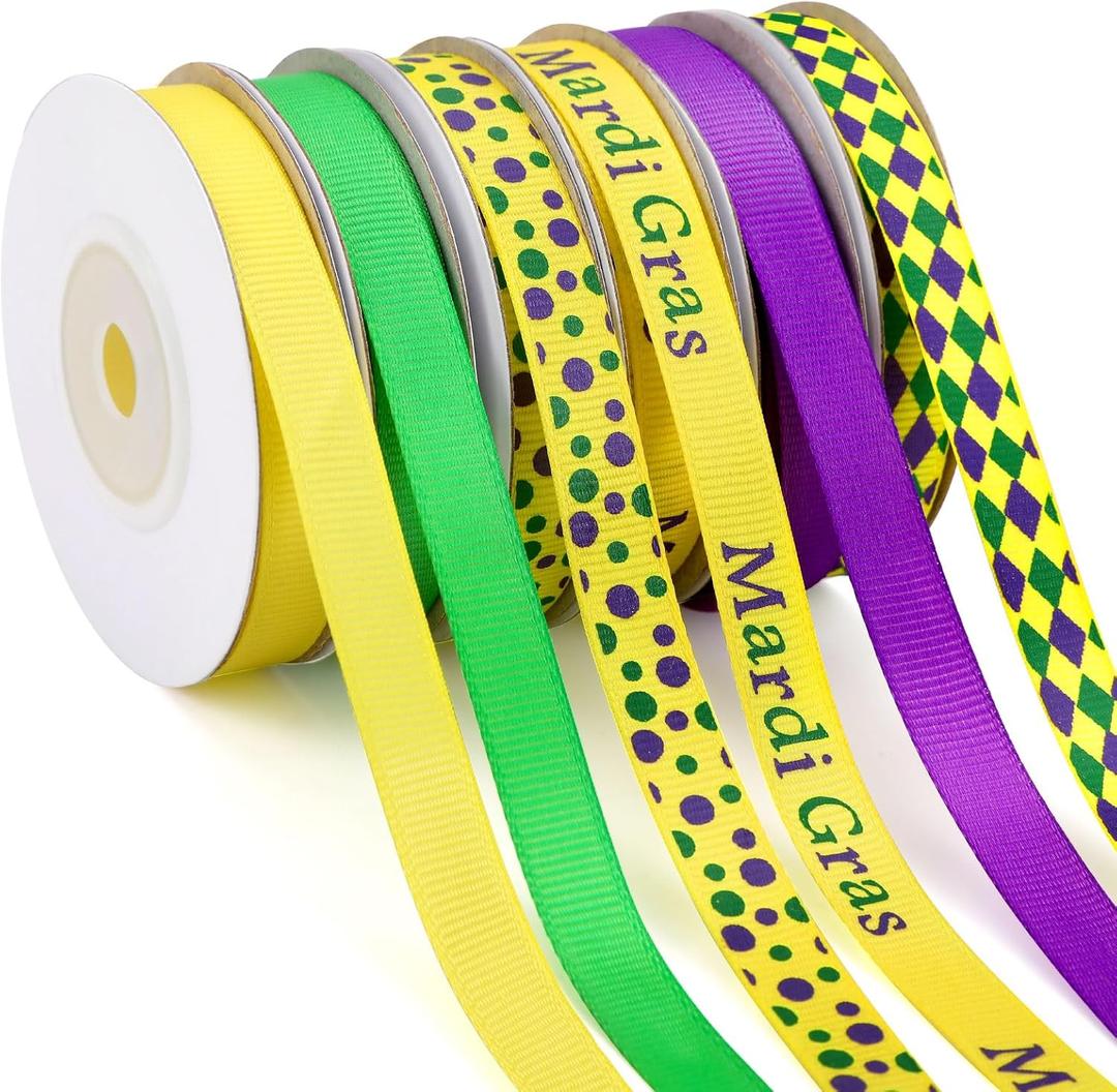 DECYOOL Mardi Gras Ribbon, 6 Rolls 60 Yards Mardi Gras Grosgrain Ribbons 10 mm Wide Green Purple Yellow Craft Ribbon for Gift Wrapping Carnival Party Home Decorations