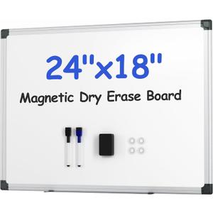 VUSIGN Magnetic White Board Kit for Wall 24" x 18", 1 Dry Eraser & 2 Multicolor Markers & 4 Magnetic Pins, Sliver Reinforced Aluminum Frame for Home, School, Office