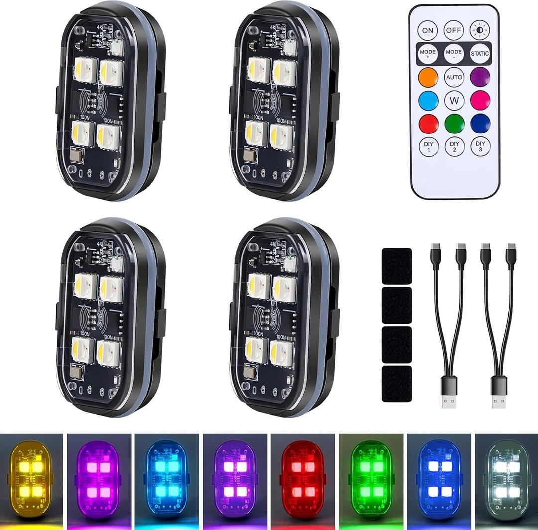 Upgraded 4LEDs 4PCS Wireless LED Strobe Lights with Remote Control, 8 Colors Type-C Rechargeable Led Lights Anti Collision Warning Light for Car Motorcycle Bike Drone Aircraft