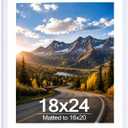 Wood 18x24 Picture Frame with 16x20 Mat White, Display 16x20 with Mat or 18x24 Without Mat, Wood 18 by 24 Photo Frame, 18 x 24 Frame for Wall Hanging Display, White