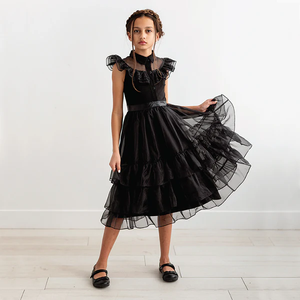 Family Wednesday Costume Vintage Goth Black Raven Dance Dress Cosplay Women Girl Tulle Lace Skirt Halloween Party Outfit (3XL-Dress-Wig)