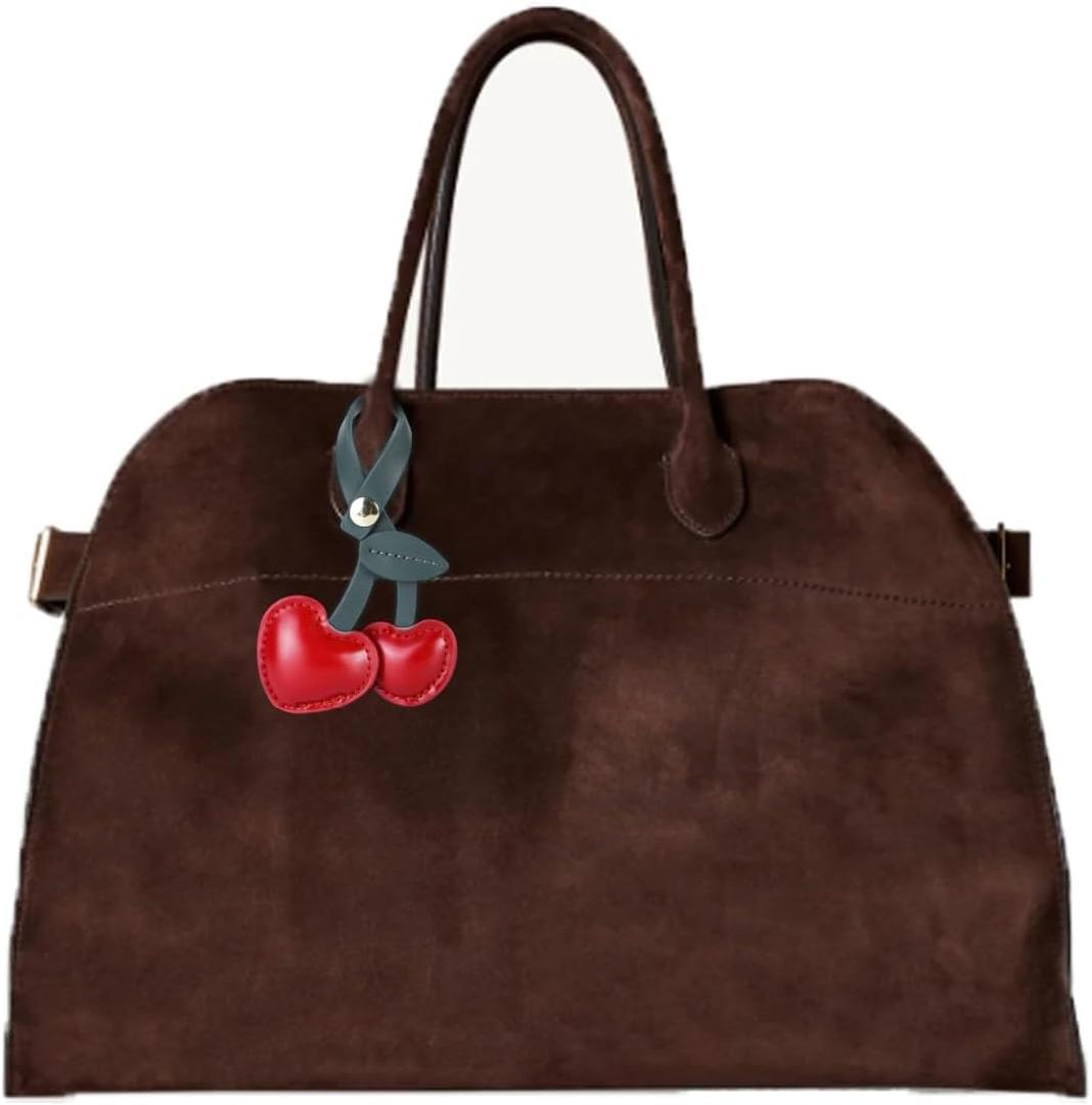 Soft Suede Large Tote Bags for Women Fashion Vintage Top Handle Handbag Fashion Shoulder Hobo Bag with Cherry Pendant (Coffee)