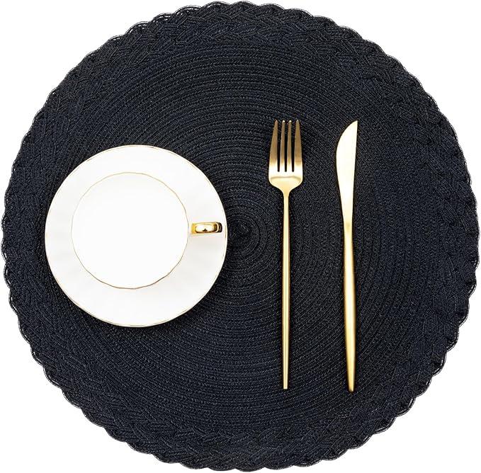 SHACOS Round Placemats Set Woven Round Table Mats 15 inch Braided Border Washable Cotton Polyester Circle Place Mats, Black